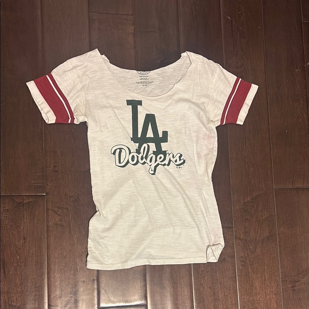 Off the Shoulder LA Dodgers White and Red T-Shirt